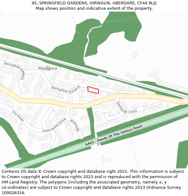 95, SPRINGFIELD GARDENS, HIRWAUN, ABERDARE, CF44 9LQ: Location map and indicative extent of plot