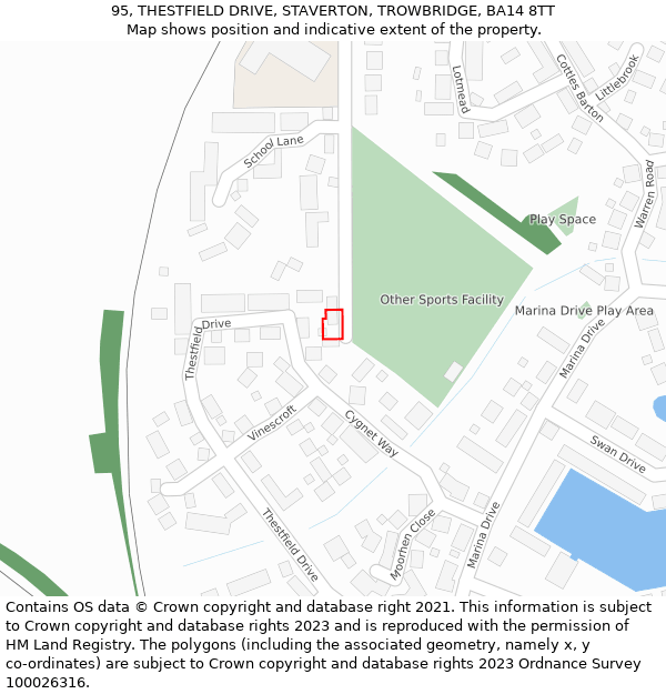 95, THESTFIELD DRIVE, STAVERTON, TROWBRIDGE, BA14 8TT: Location map and indicative extent of plot