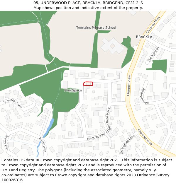 95, UNDERWOOD PLACE, BRACKLA, BRIDGEND, CF31 2LS: Location map and indicative extent of plot