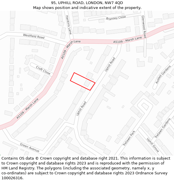 95, UPHILL ROAD, LONDON, NW7 4QD: Location map and indicative extent of plot
