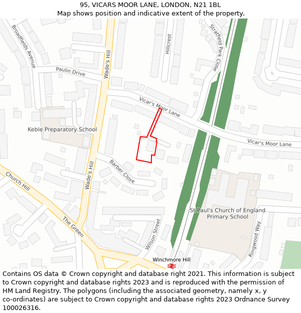 95, VICARS MOOR LANE, LONDON, N21 1BL: Location map and indicative extent of plot