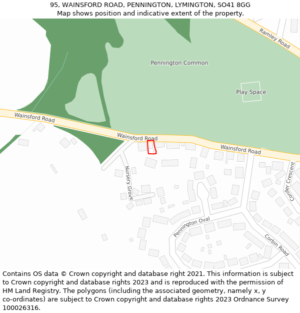 95, WAINSFORD ROAD, PENNINGTON, LYMINGTON, SO41 8GG: Location map and indicative extent of plot