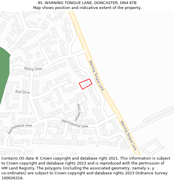 95, WARNING TONGUE LANE, DONCASTER, DN4 6TB: Location map and indicative extent of plot