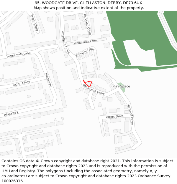 95, WOODGATE DRIVE, CHELLASTON, DERBY, DE73 6UX: Location map and indicative extent of plot