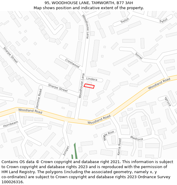 95, WOODHOUSE LANE, TAMWORTH, B77 3AH: Location map and indicative extent of plot