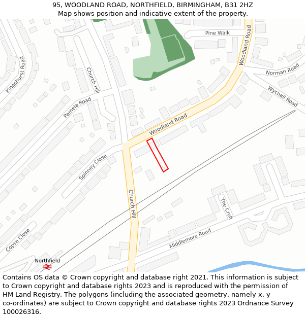 95, WOODLAND ROAD, NORTHFIELD, BIRMINGHAM, B31 2HZ: Location map and indicative extent of plot