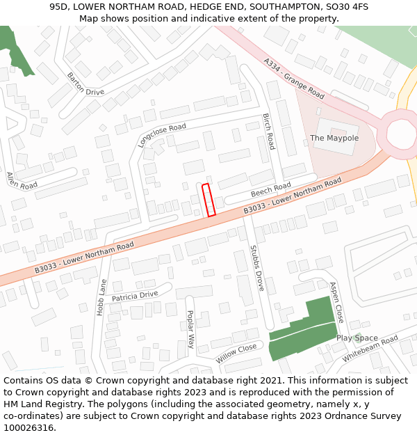 95D, LOWER NORTHAM ROAD, HEDGE END, SOUTHAMPTON, SO30 4FS: Location map and indicative extent of plot