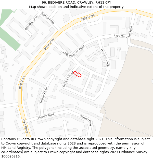 96, BEDIVERE ROAD, CRAWLEY, RH11 0FY: Location map and indicative extent of plot