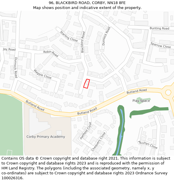 96, BLACKBIRD ROAD, CORBY, NN18 8FE: Location map and indicative extent of plot