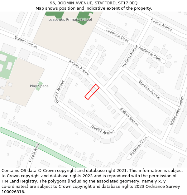 96, BODMIN AVENUE, STAFFORD, ST17 0EQ: Location map and indicative extent of plot