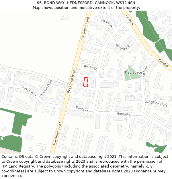 96, BOND WAY, HEDNESFORD, CANNOCK, WS12 4SN: Location map and indicative extent of plot