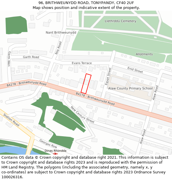 96, BRITHWEUNYDD ROAD, TONYPANDY, CF40 2UF: Location map and indicative extent of plot