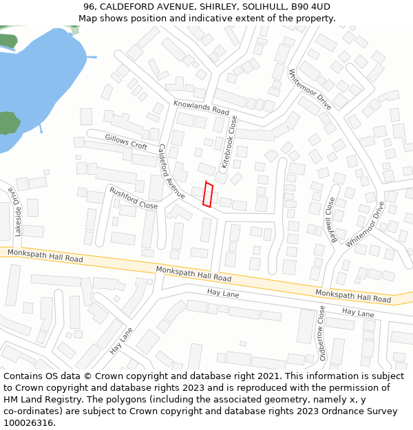 96, CALDEFORD AVENUE, SHIRLEY, SOLIHULL, B90 4UD: Location map and indicative extent of plot