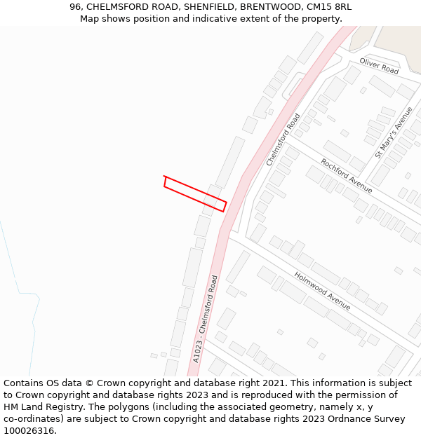 96, CHELMSFORD ROAD, SHENFIELD, BRENTWOOD, CM15 8RL: Location map and indicative extent of plot