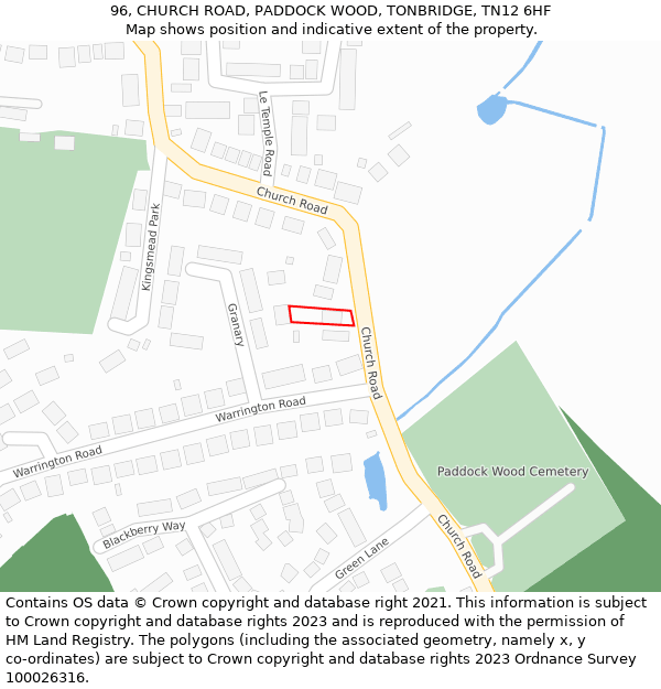 96, CHURCH ROAD, PADDOCK WOOD, TONBRIDGE, TN12 6HF: Location map and indicative extent of plot