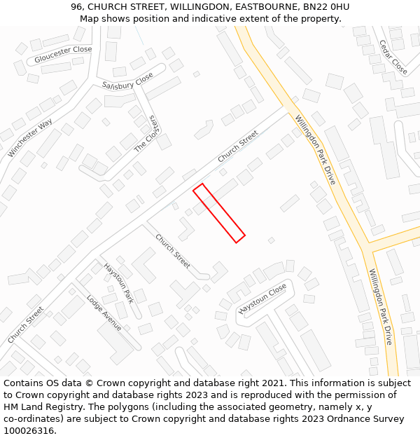 96, CHURCH STREET, WILLINGDON, EASTBOURNE, BN22 0HU: Location map and indicative extent of plot