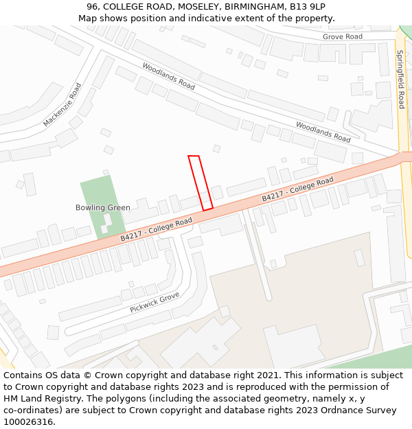 96, COLLEGE ROAD, MOSELEY, BIRMINGHAM, B13 9LP: Location map and indicative extent of plot
