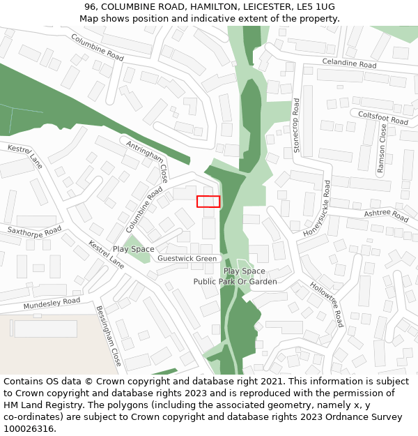 96, COLUMBINE ROAD, HAMILTON, LEICESTER, LE5 1UG: Location map and indicative extent of plot