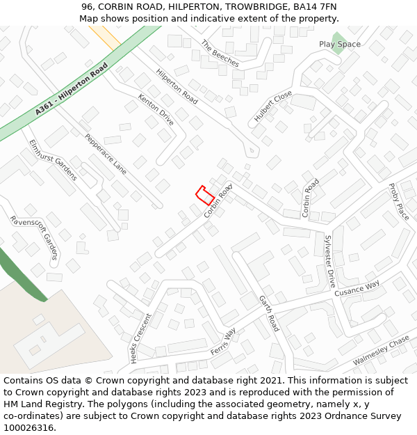 96, CORBIN ROAD, HILPERTON, TROWBRIDGE, BA14 7FN: Location map and indicative extent of plot