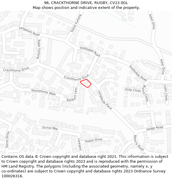 96, CRACKTHORNE DRIVE, RUGBY, CV23 0GL: Location map and indicative extent of plot