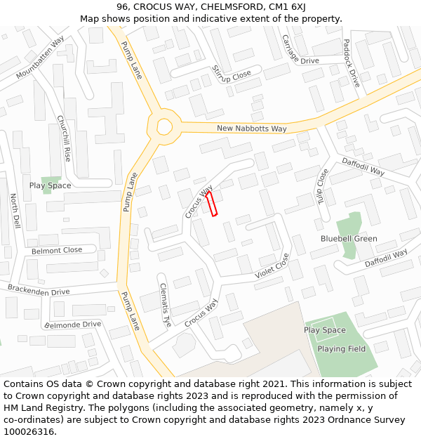 96, CROCUS WAY, CHELMSFORD, CM1 6XJ: Location map and indicative extent of plot