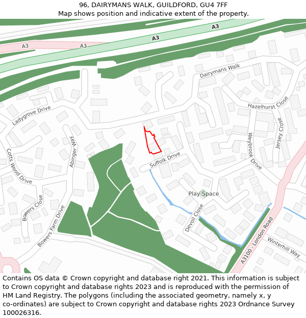 96, DAIRYMANS WALK, GUILDFORD, GU4 7FF: Location map and indicative extent of plot
