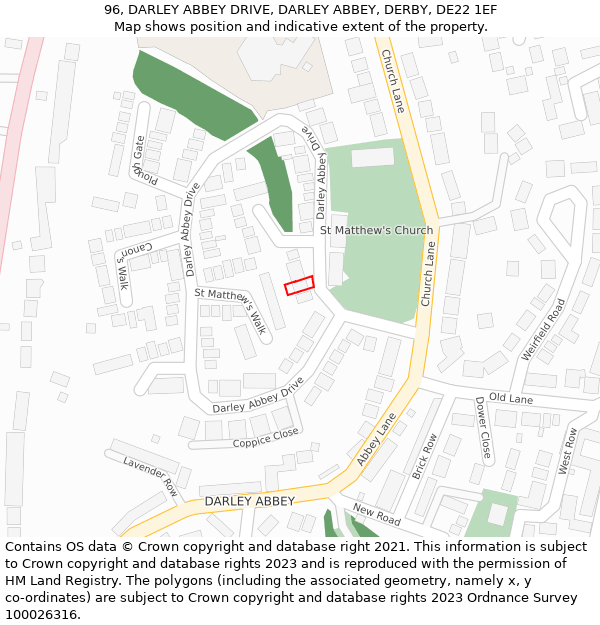 96, DARLEY ABBEY DRIVE, DARLEY ABBEY, DERBY, DE22 1EF: Location map and indicative extent of plot