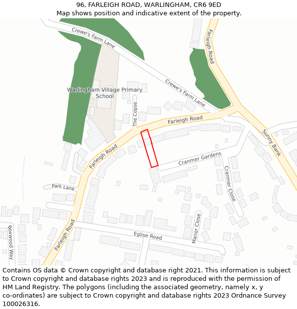 96, FARLEIGH ROAD, WARLINGHAM, CR6 9ED: Location map and indicative extent of plot