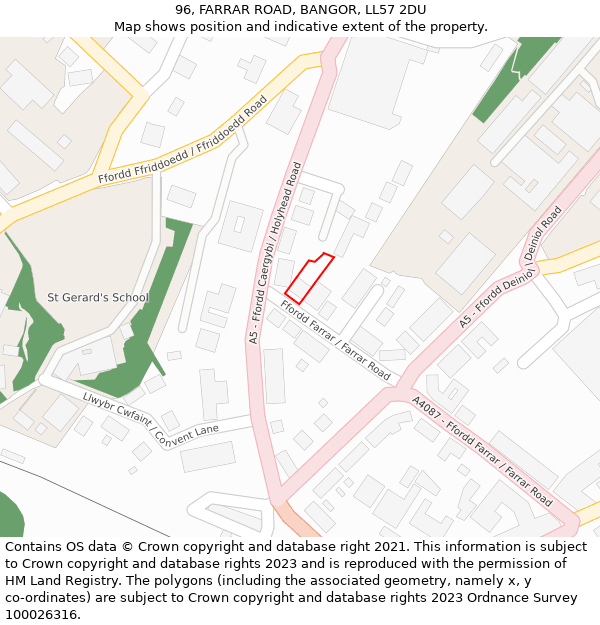 96, FARRAR ROAD, BANGOR, LL57 2DU: Location map and indicative extent of plot