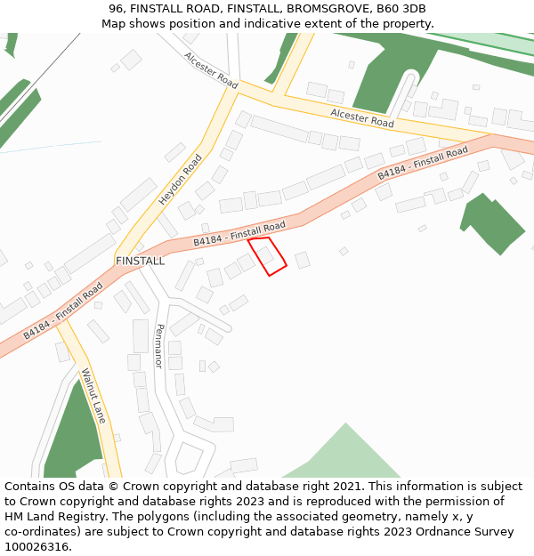 96, FINSTALL ROAD, FINSTALL, BROMSGROVE, B60 3DB: Location map and indicative extent of plot
