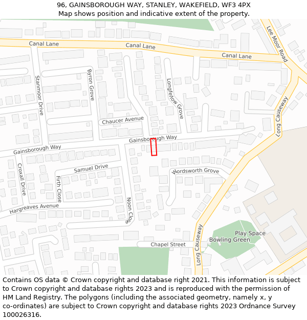 96, GAINSBOROUGH WAY, STANLEY, WAKEFIELD, WF3 4PX: Location map and indicative extent of plot