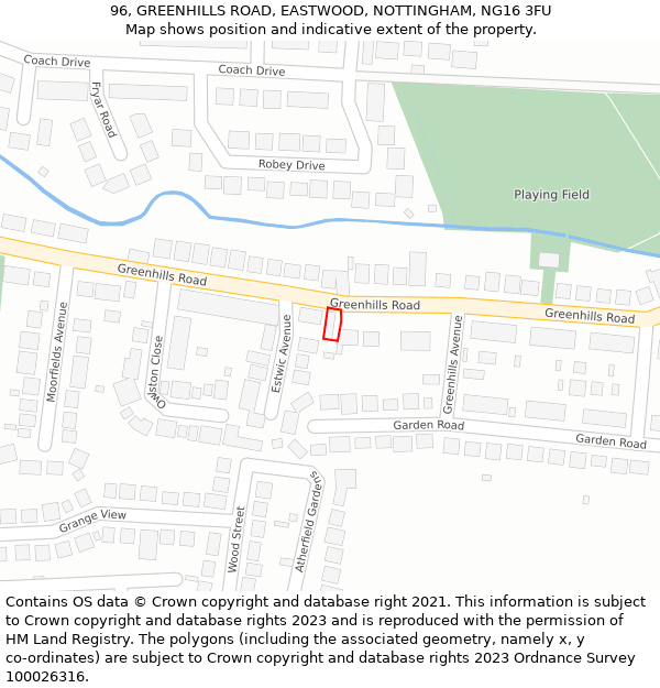 96, GREENHILLS ROAD, EASTWOOD, NOTTINGHAM, NG16 3FU: Location map and indicative extent of plot
