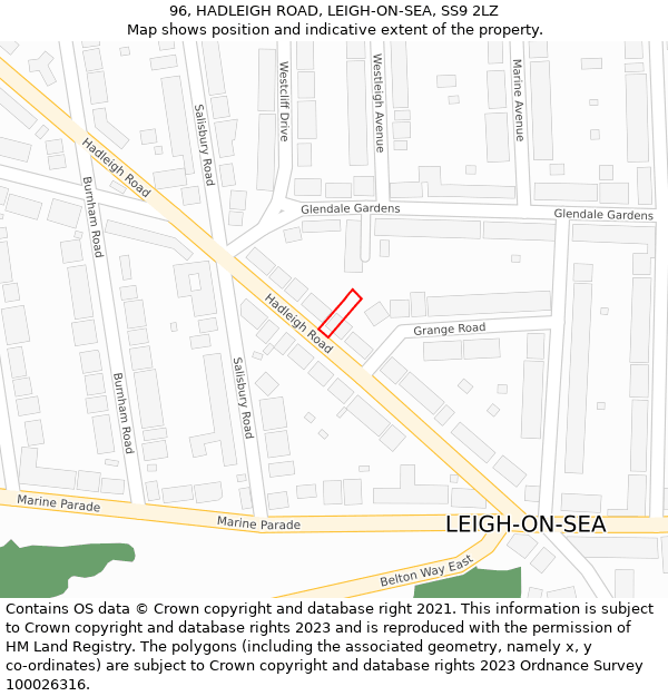 96, HADLEIGH ROAD, LEIGH-ON-SEA, SS9 2LZ: Location map and indicative extent of plot