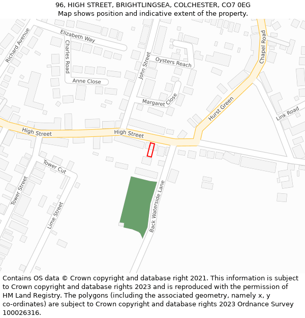 96, HIGH STREET, BRIGHTLINGSEA, COLCHESTER, CO7 0EG: Location map and indicative extent of plot