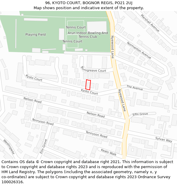 96, KYOTO COURT, BOGNOR REGIS, PO21 2UJ: Location map and indicative extent of plot