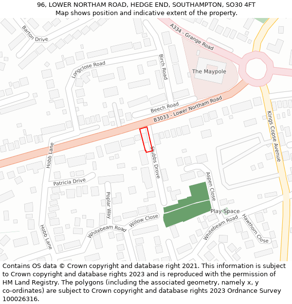 96, LOWER NORTHAM ROAD, HEDGE END, SOUTHAMPTON, SO30 4FT: Location map and indicative extent of plot