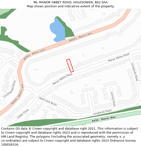 96, MANOR ABBEY ROAD, HALESOWEN, B62 0AA: Location map and indicative extent of plot