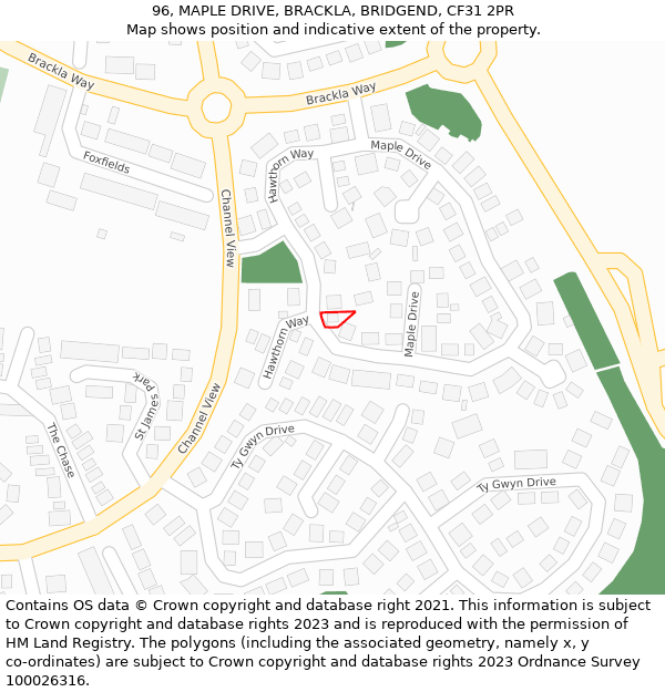 96, MAPLE DRIVE, BRACKLA, BRIDGEND, CF31 2PR: Location map and indicative extent of plot