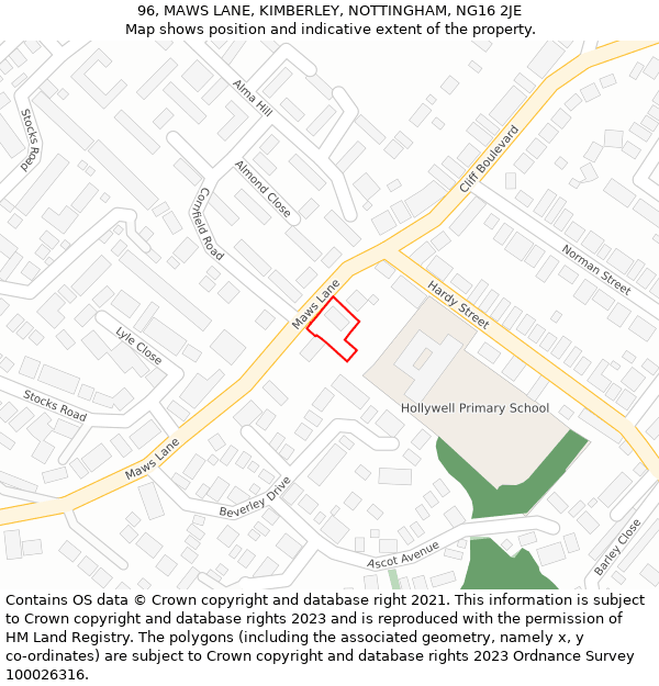 96, MAWS LANE, KIMBERLEY, NOTTINGHAM, NG16 2JE: Location map and indicative extent of plot