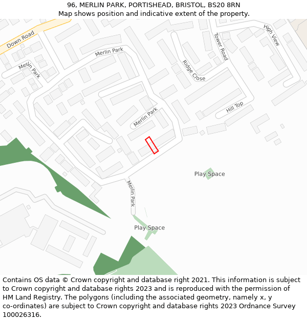 96, MERLIN PARK, PORTISHEAD, BRISTOL, BS20 8RN: Location map and indicative extent of plot