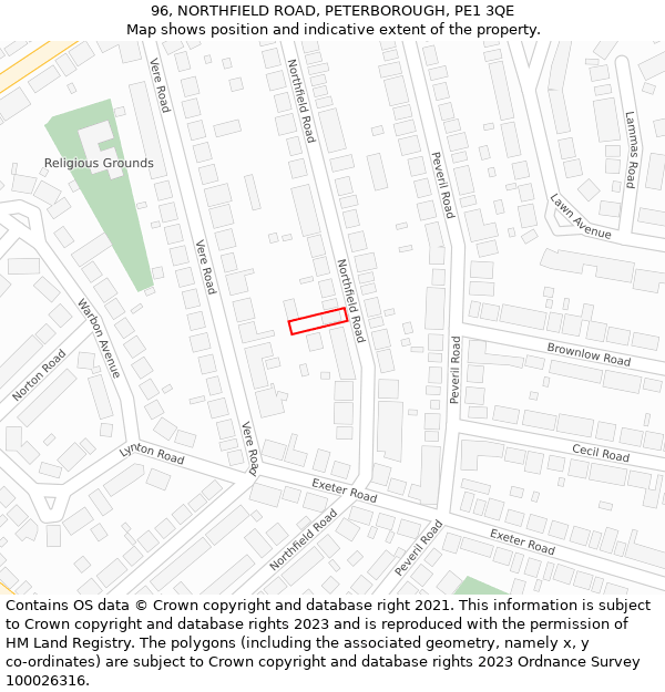 96, NORTHFIELD ROAD, PETERBOROUGH, PE1 3QE: Location map and indicative extent of plot