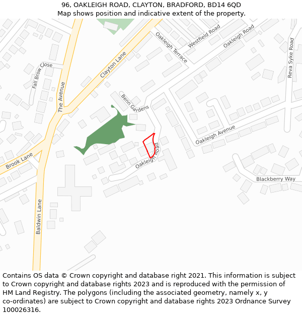 96, OAKLEIGH ROAD, CLAYTON, BRADFORD, BD14 6QD: Location map and indicative extent of plot
