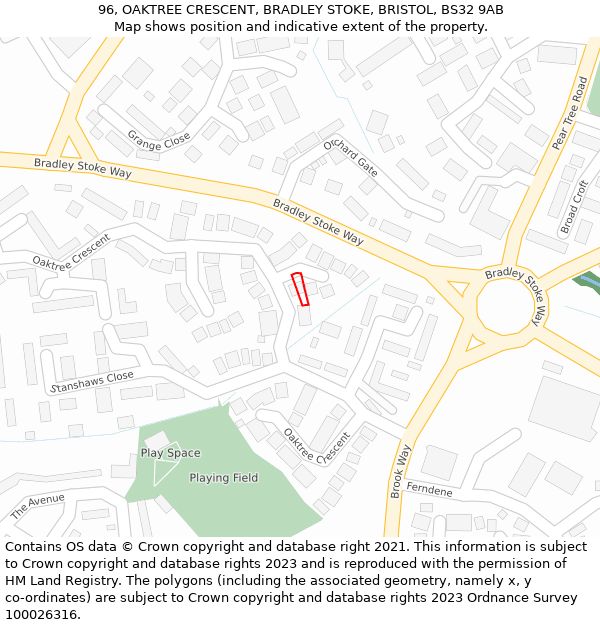 96, OAKTREE CRESCENT, BRADLEY STOKE, BRISTOL, BS32 9AB: Location map and indicative extent of plot