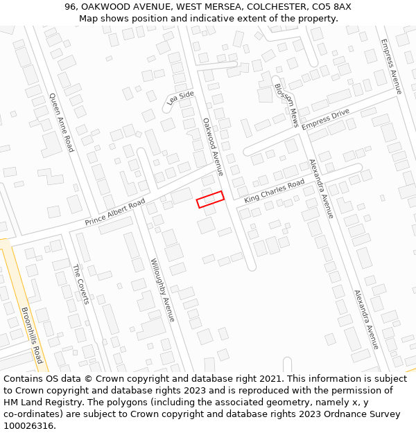 96, OAKWOOD AVENUE, WEST MERSEA, COLCHESTER, CO5 8AX: Location map and indicative extent of plot