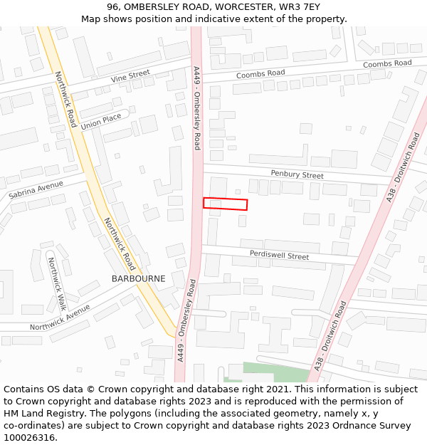 96, OMBERSLEY ROAD, WORCESTER, WR3 7EY: Location map and indicative extent of plot