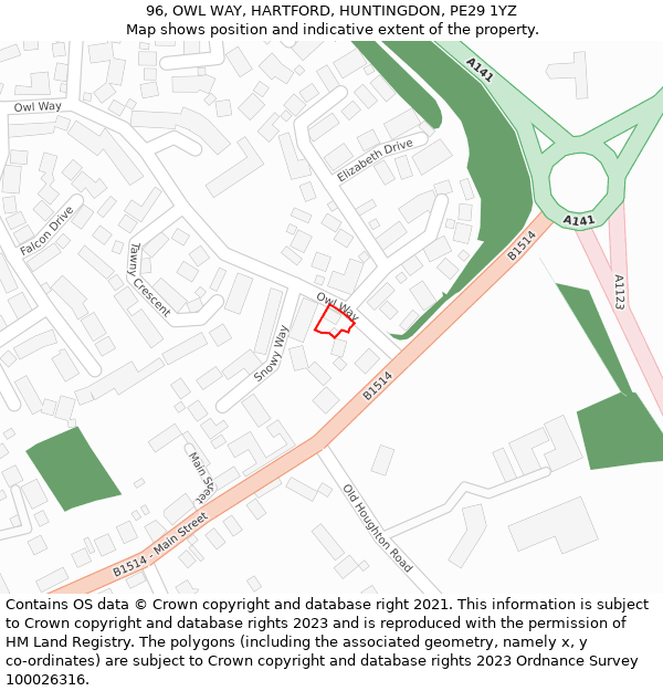 96, OWL WAY, HARTFORD, HUNTINGDON, PE29 1YZ: Location map and indicative extent of plot