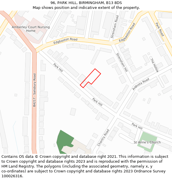 96, PARK HILL, BIRMINGHAM, B13 8DS: Location map and indicative extent of plot