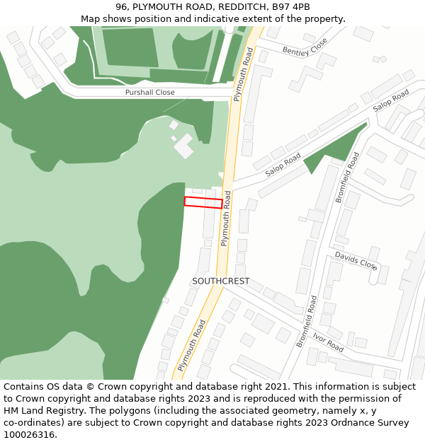 96, PLYMOUTH ROAD, REDDITCH, B97 4PB: Location map and indicative extent of plot