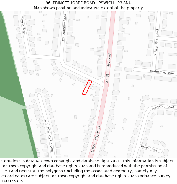 96, PRINCETHORPE ROAD, IPSWICH, IP3 8NU: Location map and indicative extent of plot