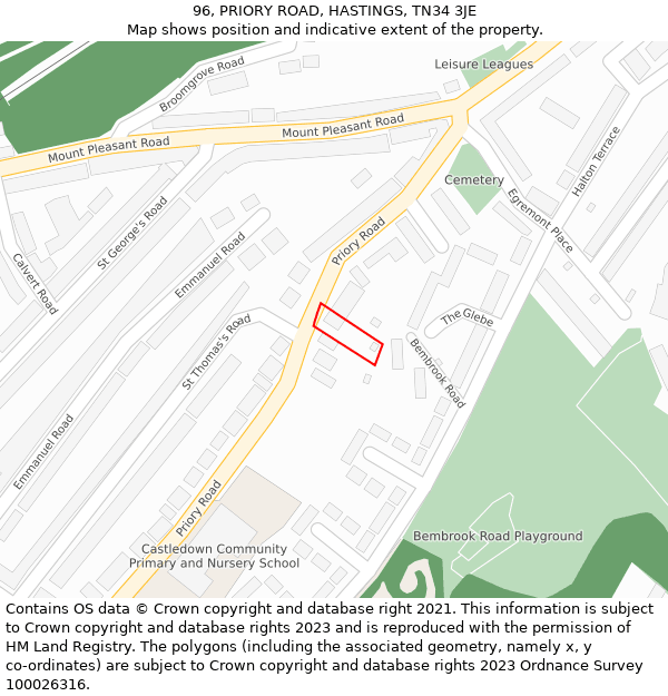 96, PRIORY ROAD, HASTINGS, TN34 3JE: Location map and indicative extent of plot